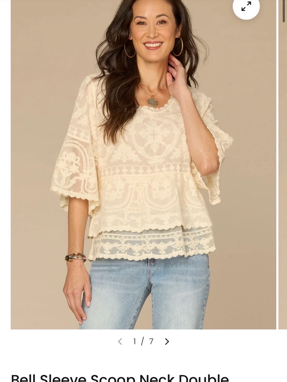 Democracy Cream Lace Bell Sleeve Scoop Neck Blouse